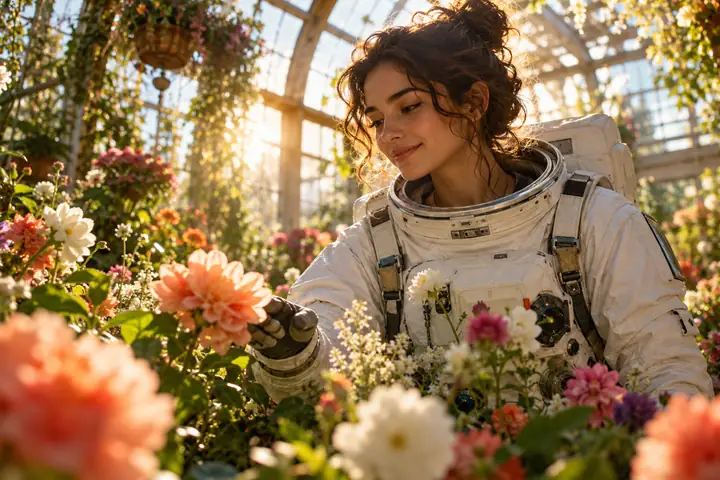 Portrait éditorial d’un astronaute parmi des fleurs dans une serre baignée de soleil.