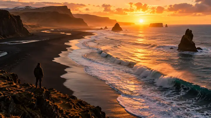 Vue aérienne cinématographique de vagues se formant sur une plage de sable noir au lever doré du soleil.