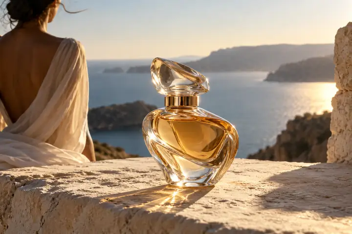 Flacon de parfum en verre sculptural posé sur une pierre claire dans la lumière nette de l’après-midi.